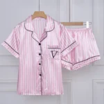 Striped Embroidered Letter Pocket Short Sleeve and Shorts Pajama Set, Casual Satin Sleepwear with Lapel Collar and Button Detail