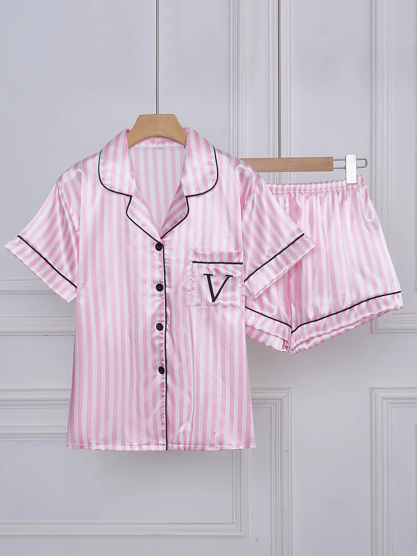S0aa6fbe755f44f2686d439df228fe7e6y.webp Striped Embroidered Letter Pocket Short Sleeve and Shorts Pajama Set, Casual Satin Sleepwear with Lapel Collar and Button Detail - Image 1