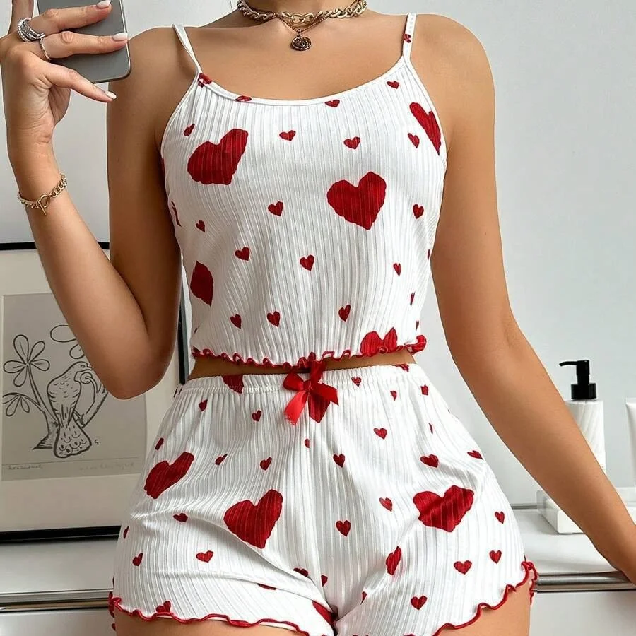S3b48fda432a54d56b2e0f2a0a37573ffQ.webp New Women's Pajamas Set Sleepwear Short Tank Tops And Shorts S M L XL White Ventilate Soft Casual Love Printing Women Sleepwear - Image 1