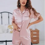 Summer Silk Satin Pajamas Set Women Sleepwear Button-Down Short Sleeve Tops and Shorts Two-piece Pijama Sets Loungewear